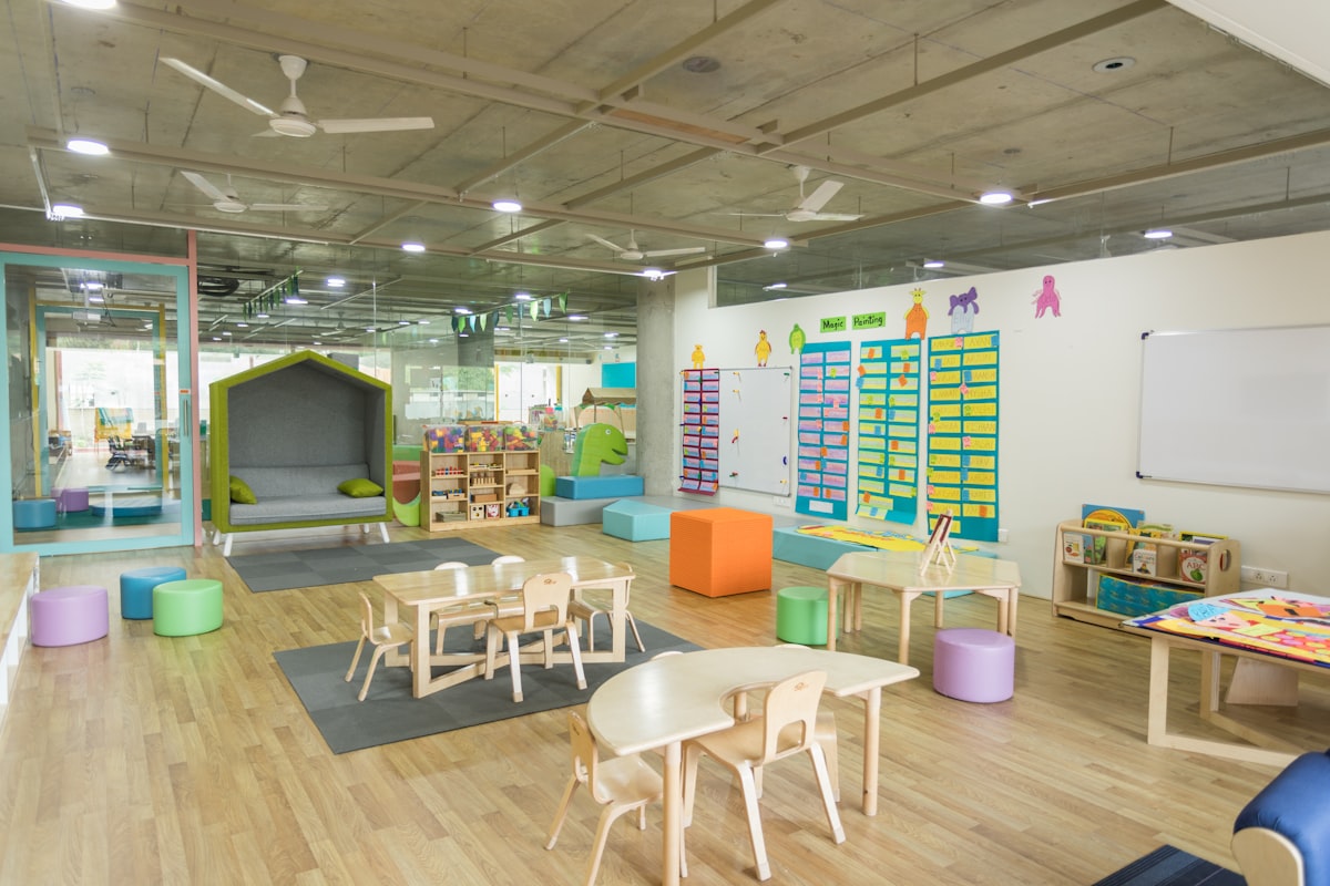 Bright early learning classroom with activity tables